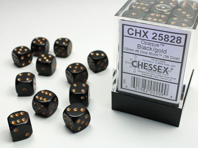 Opaque_12mm_d6_Black/gold_Dice_Block™__36_dice_