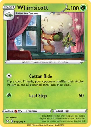 Whimsicott 006/202 - Reverse Holofoil SWSH01 Sword & Shield Base Set - Rare