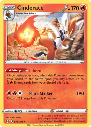 Cinderace (034) 034/202 - Reverse Holofoil SWSH01 Sword & Shield Base Set - Holo Rare