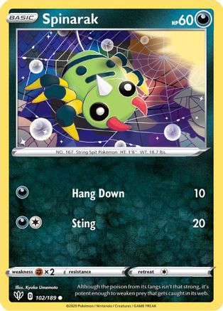 Spinarak 102/189 - Reverse Holofoil SWSH03 Darkness Ablaze - Common