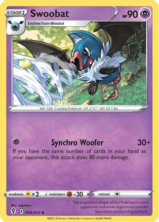 Swoobat 069/203 - Reverse Holofoil SWSH07 Evolving Skies - Uncommon