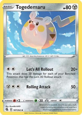 Togedemaru 187/264 - Reverse Holofoil SWSH08 Fusion Strike - Uncommon