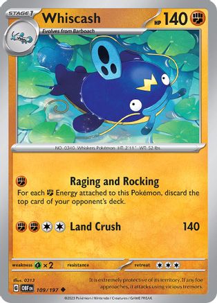 Whiscash 109/197 - Reverse Holofoil SV03 Obsidian Flames - Uncommon