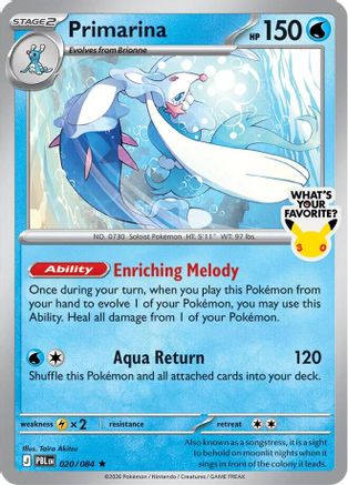 Primarina 020/084 - Holofoil Miscellaneous Cards & Products - Rare