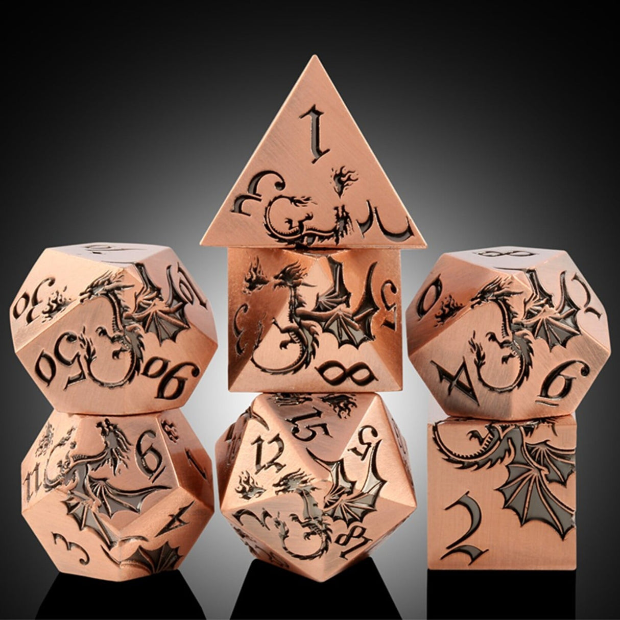 Dice Habit Dragon Copper Metal and Enamel Polyhedral 7 die set