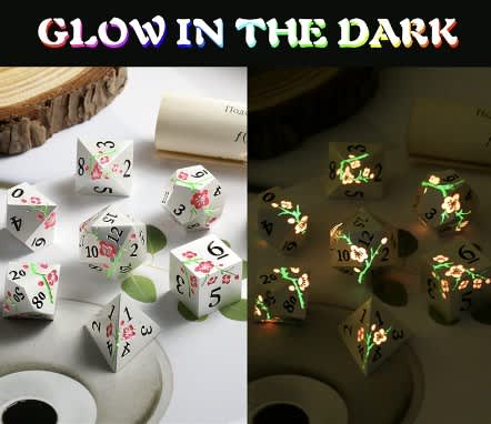 Dice Habit: Solid Metal Poly Dice Set (7) – Sakura, Silver and Pink (Glow in the Dark)