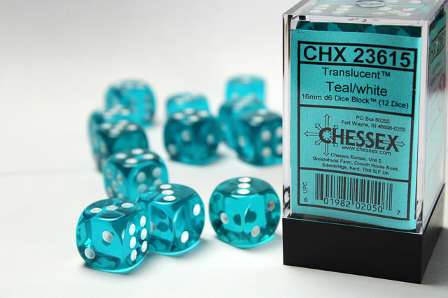 Translucent_16mm_d6_Teal/white_Dice_Block™__12_dice_
