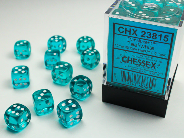 Translucent_12mm_d6_Teal/white_Dice_Block™__36_dice_