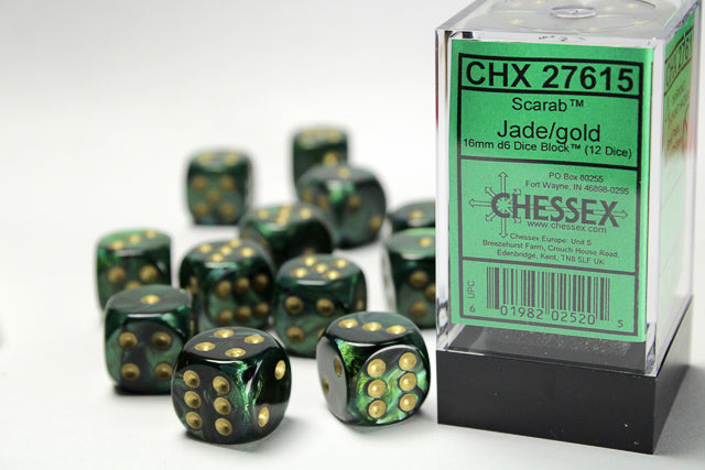 Scarab® 16mm d6 Jade/gold Dice Block™ (12 dice)