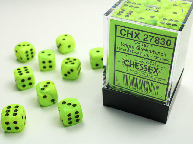 Vortex Bright Green/Black 12mm d6 Dice Block (36 dice)