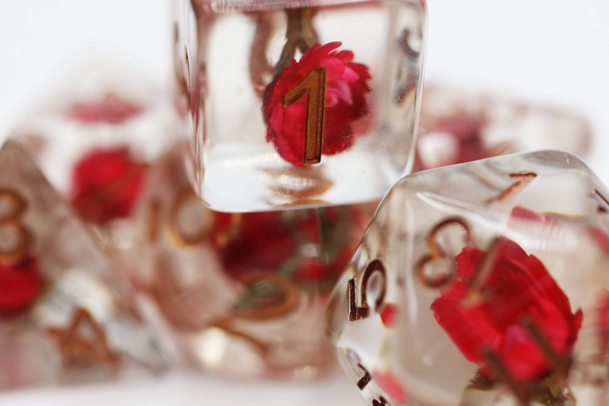 Red Flower with Green Leaf RPG Dice Set