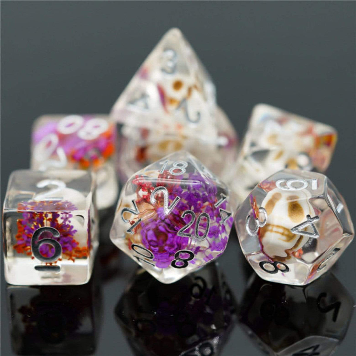 *discontinued* Purple Flowers with White Skull RPG Dice Set