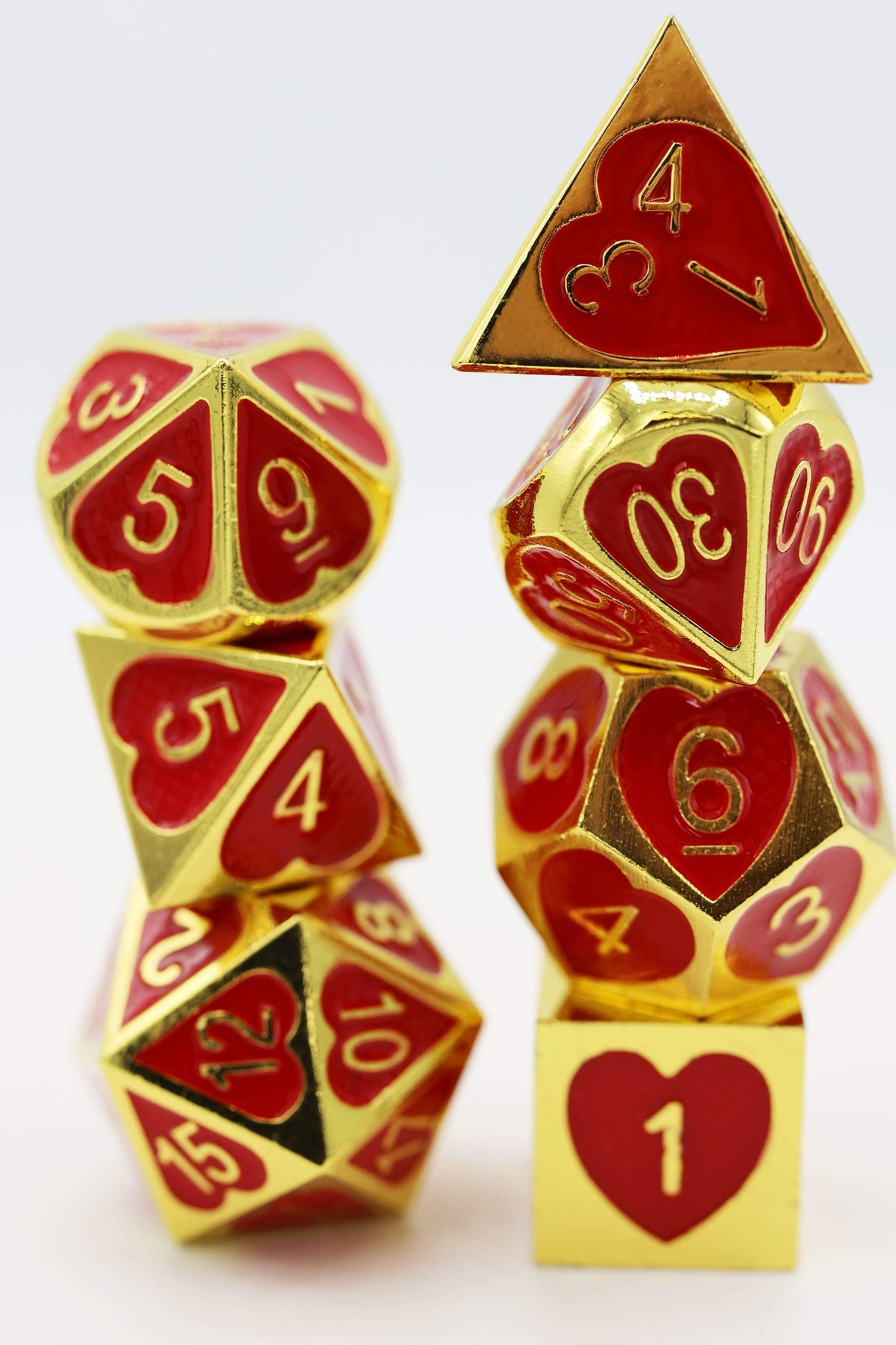 Gold and Red Hearts Metal RPG Dice Set