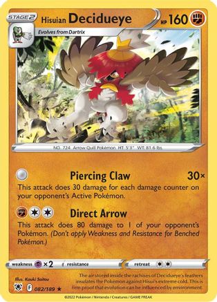 Hisuian Decidueye 082/189  - Holofoil SWSH10 Astral Radiance - Holo Rare