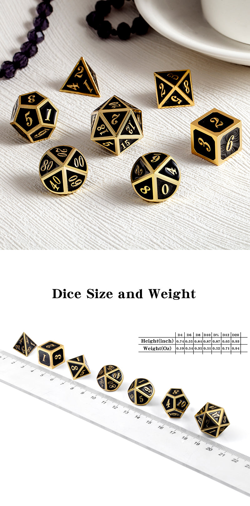 Metal & Enamel Dice Set (7pcs) [Black & Gold]