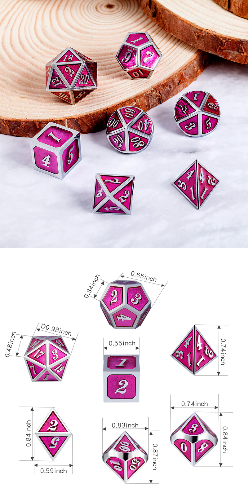 Metal & Enamel Dice Set (7pcs) [Magenta & Silver]