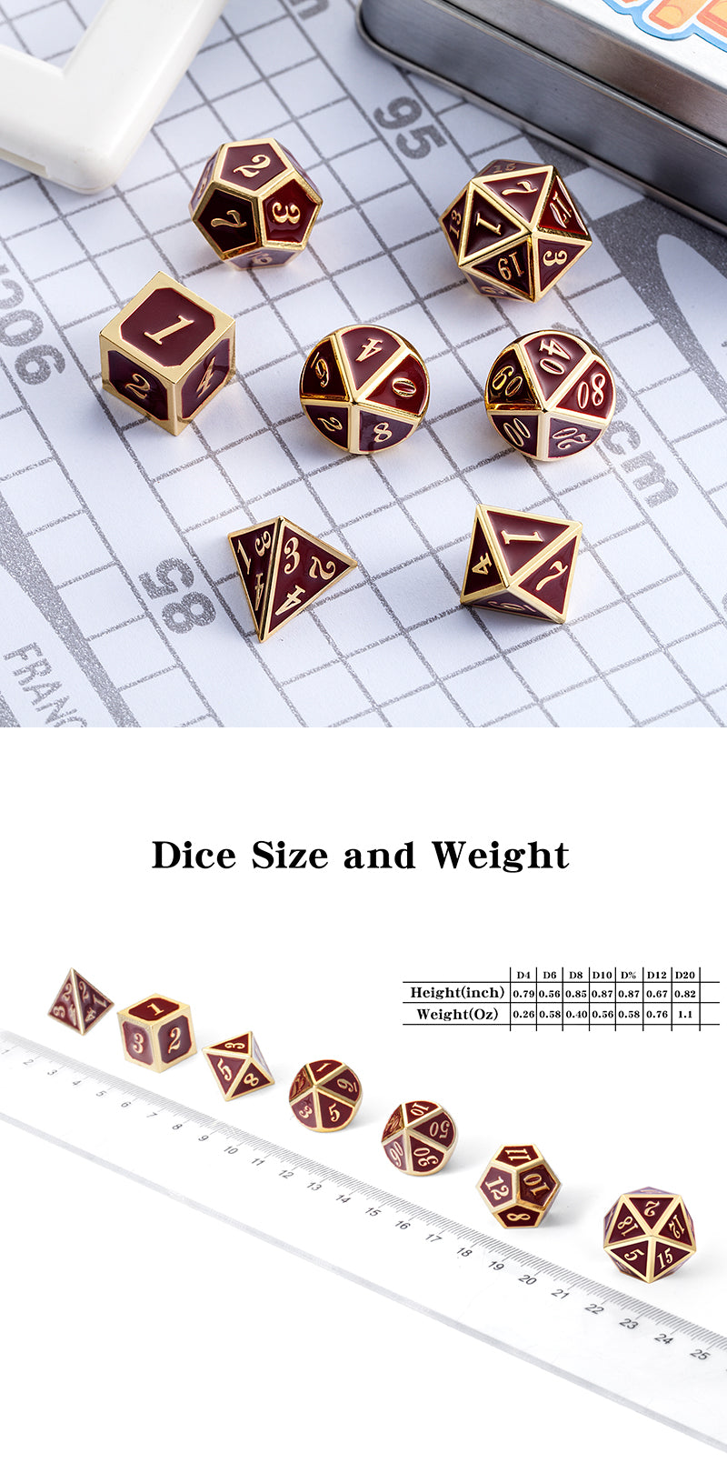 Metal & Enamel Dice Set (7pcs) [Maroon & Gold]