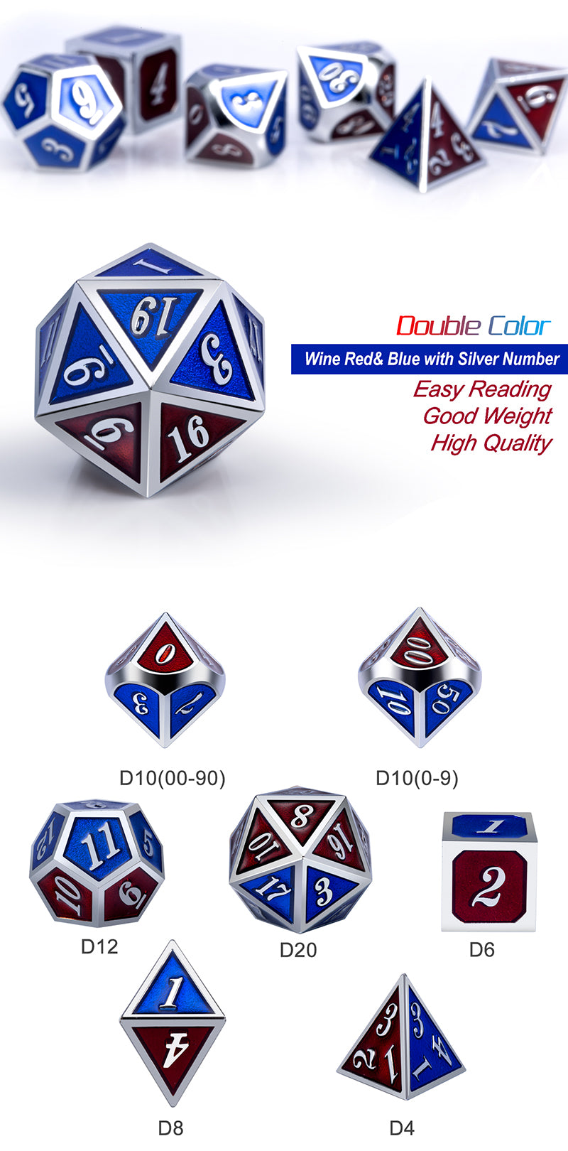 Metal & Enamel Dice Set (7pcs) [Burgundy & Blue]