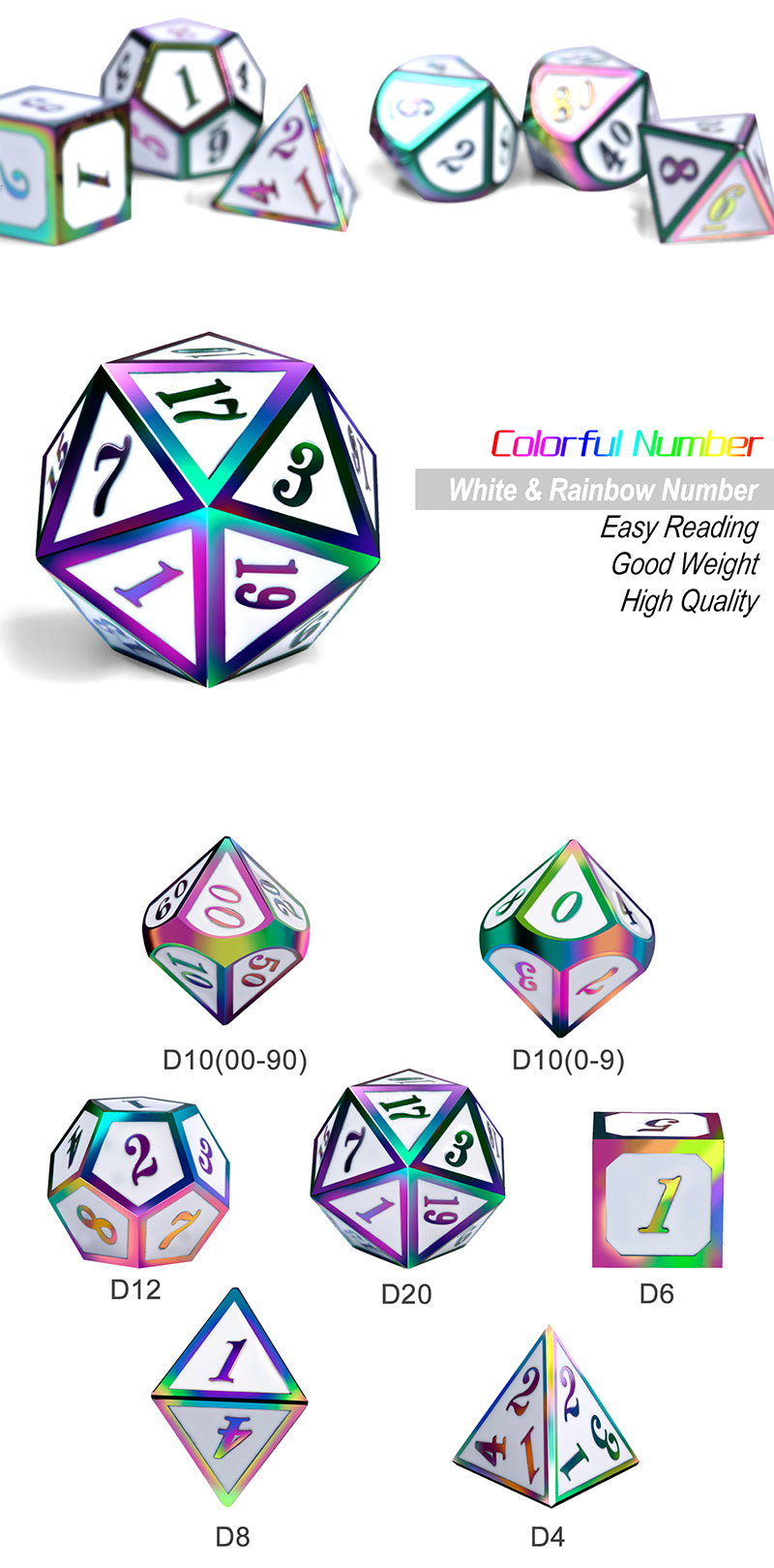 Metal & Enamel Dice Set (7pcs) [White Iridescence]