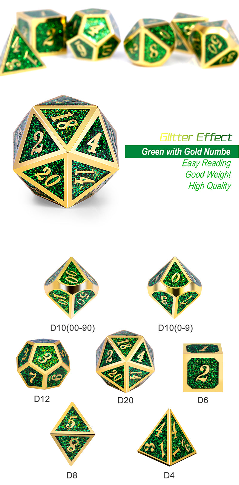 Metal & Enamel Dice Set (7pcs) [Green Glitter]