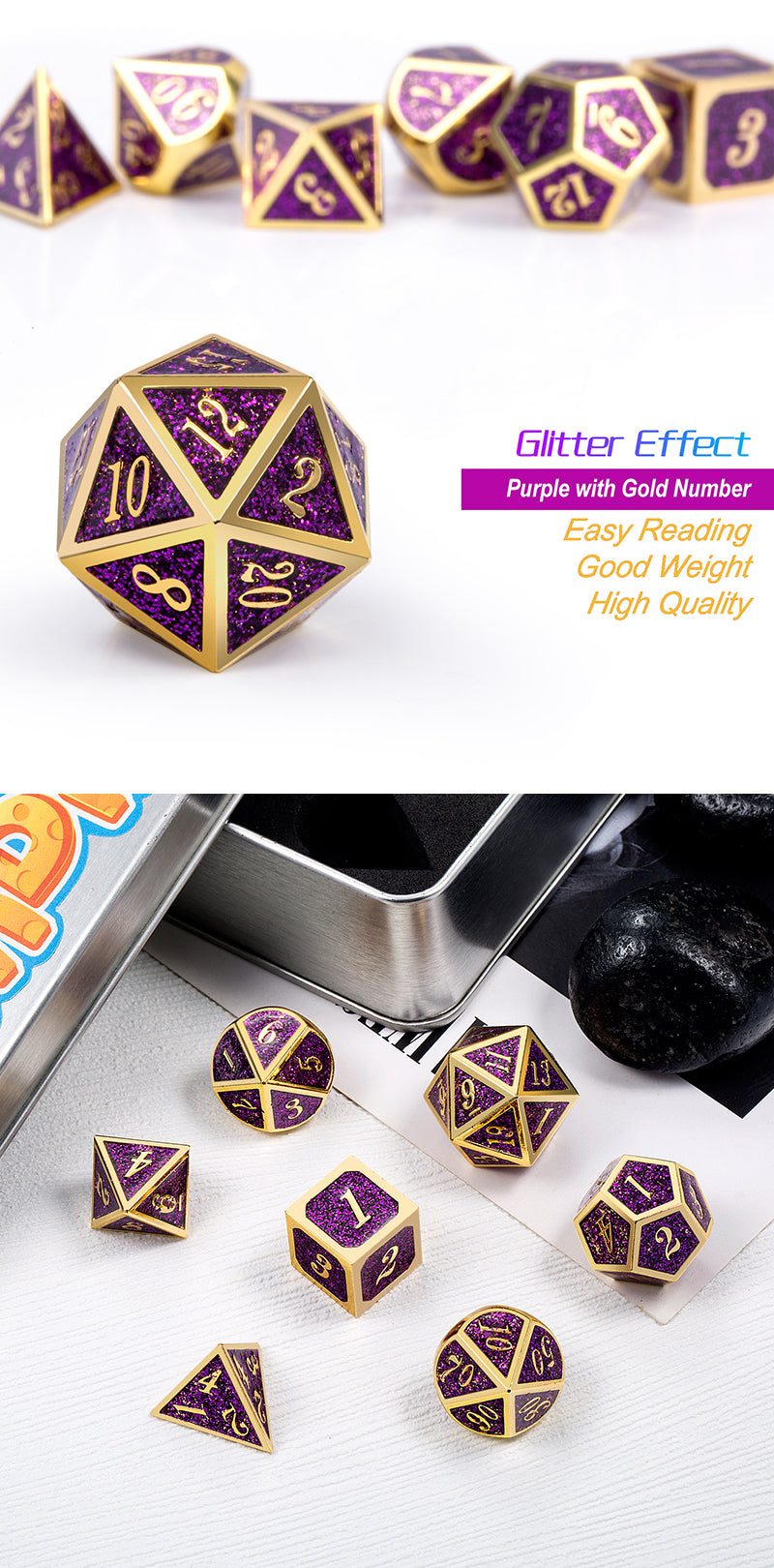 Metal & Enamel Dice Set (7pcs) [Purple Glitter]