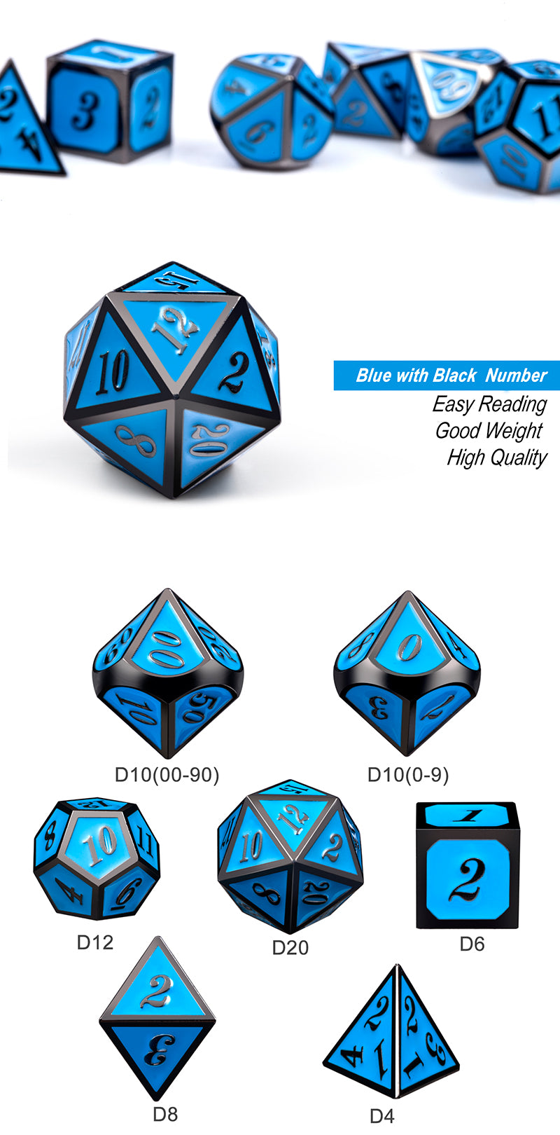 Metal & Enamel Dice Set (7pcs) [Sky & Gunmetal]