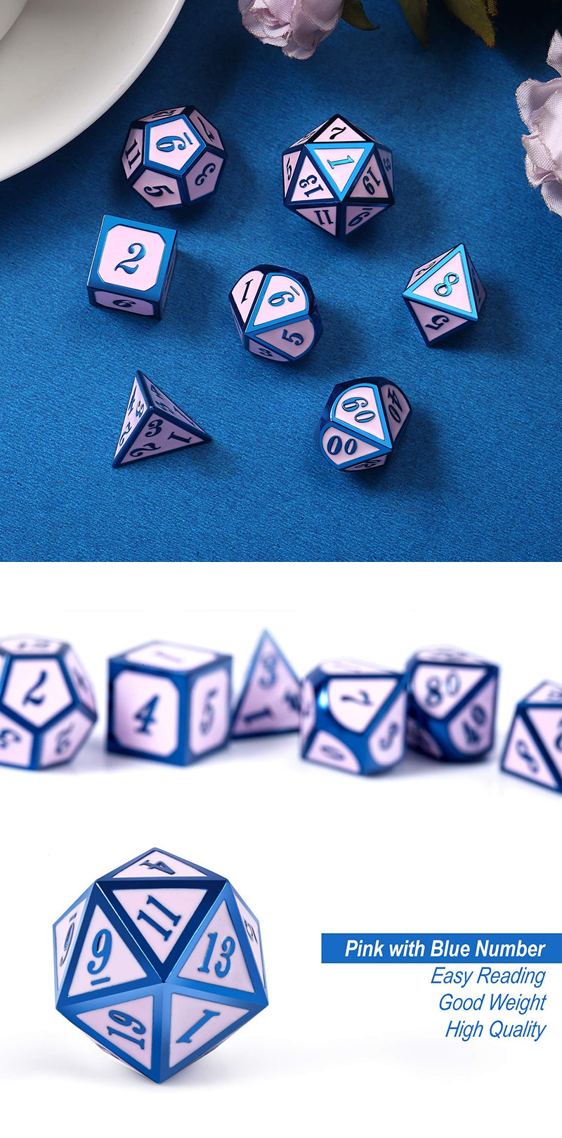 Metal & Enamel Dice Set (7pcs) [Pink & Blue]