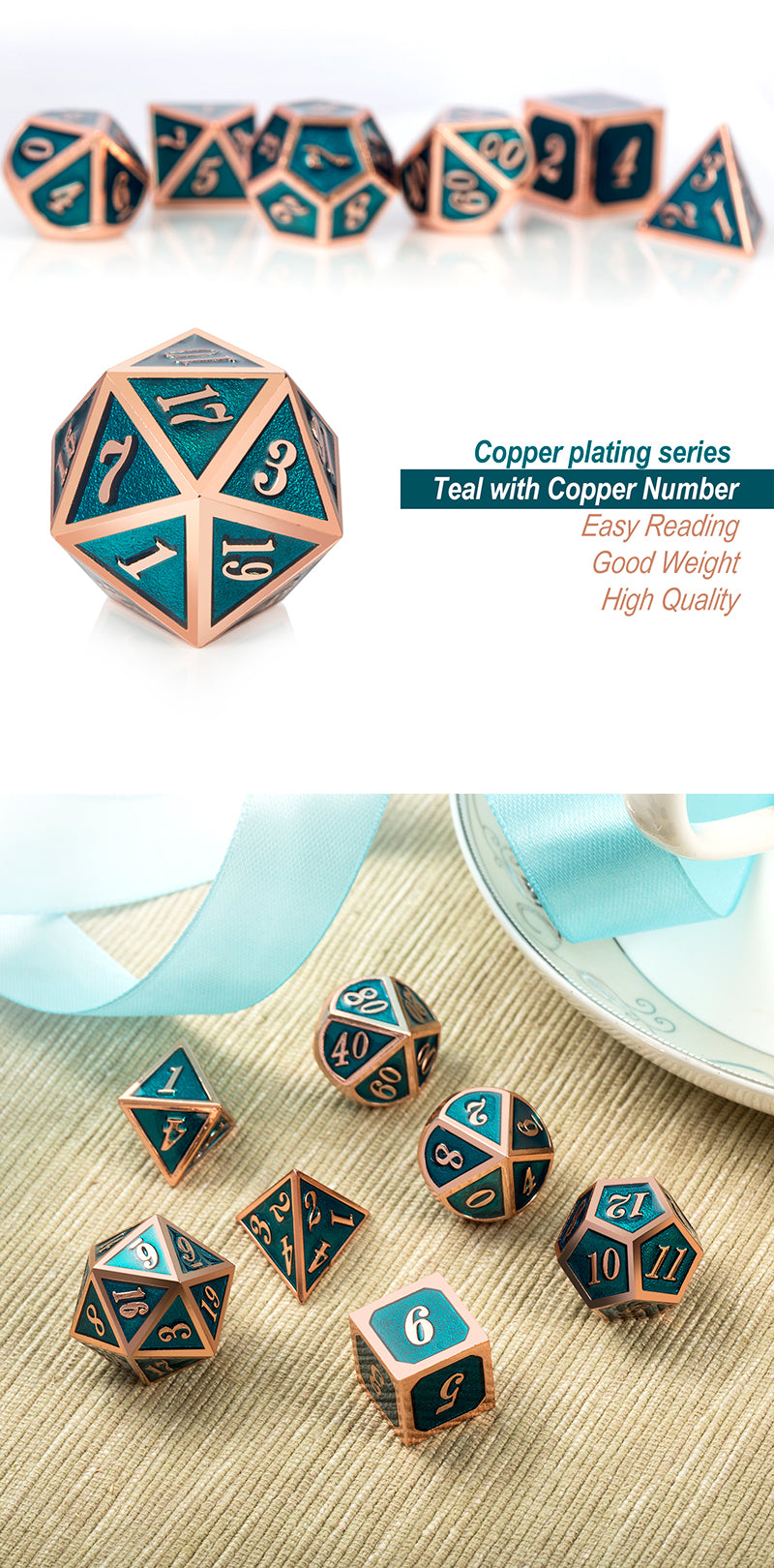 Metal & Enamel Dice Set (7pcs) [Teal & Copper]