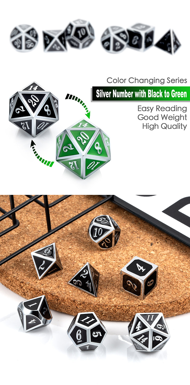 Metal & Enamel Dice Set (7pcs) [Shift Green & Silver]