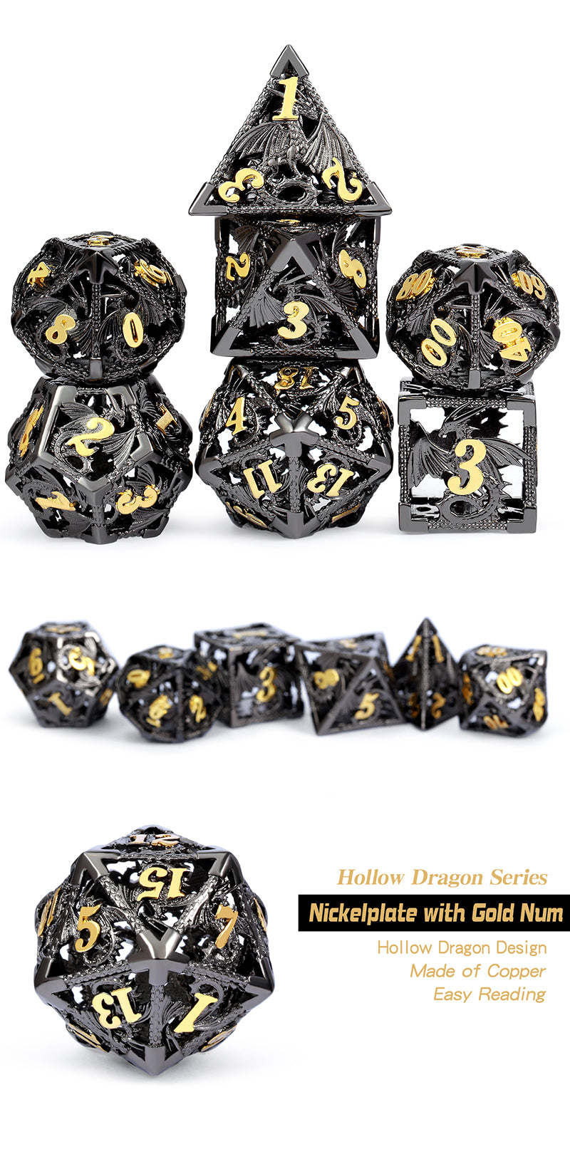 Hollow Dice Set (7pcs) (Dragon) [Black & Gold]