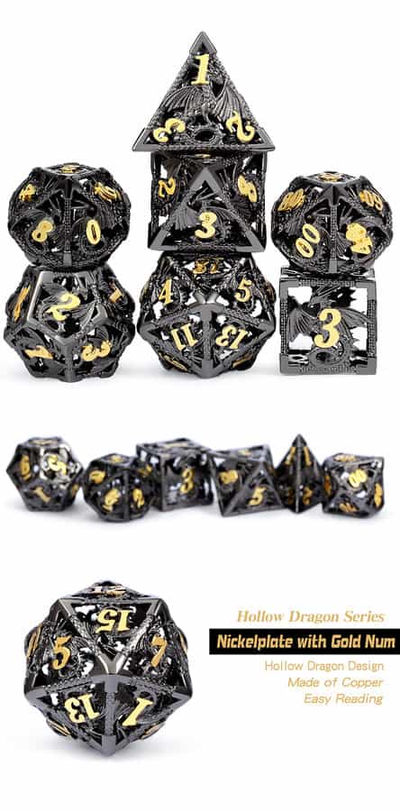 Hollow Dice Set (7pcs) Dragon Black & Gold