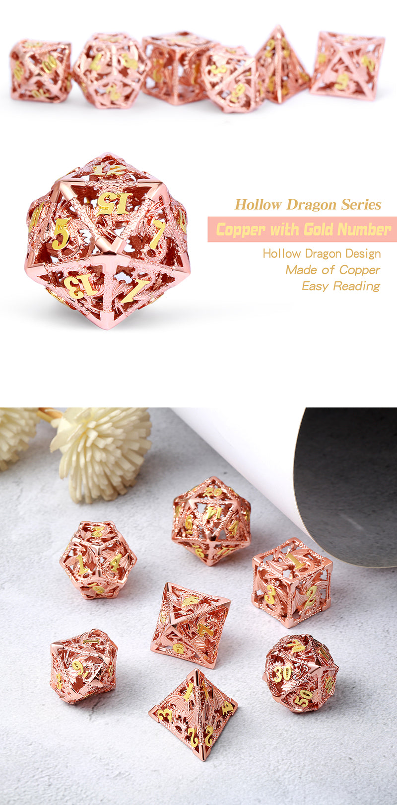 Hollow Dice Set (7pcs) (Dragon) [Copper & Gold]