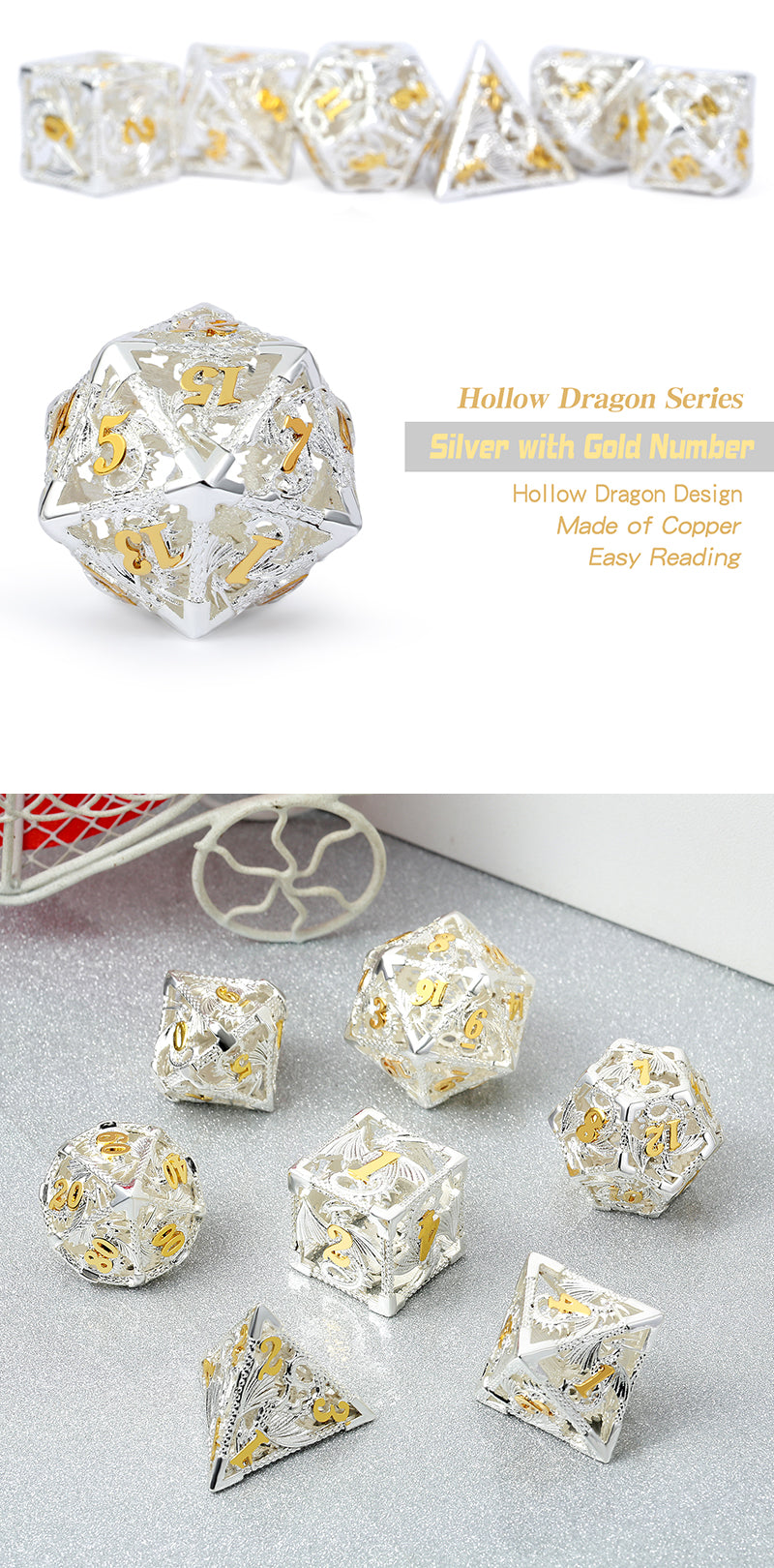 Hollow Dice Set (7pcs) (Dragon) [Silver & Gold]