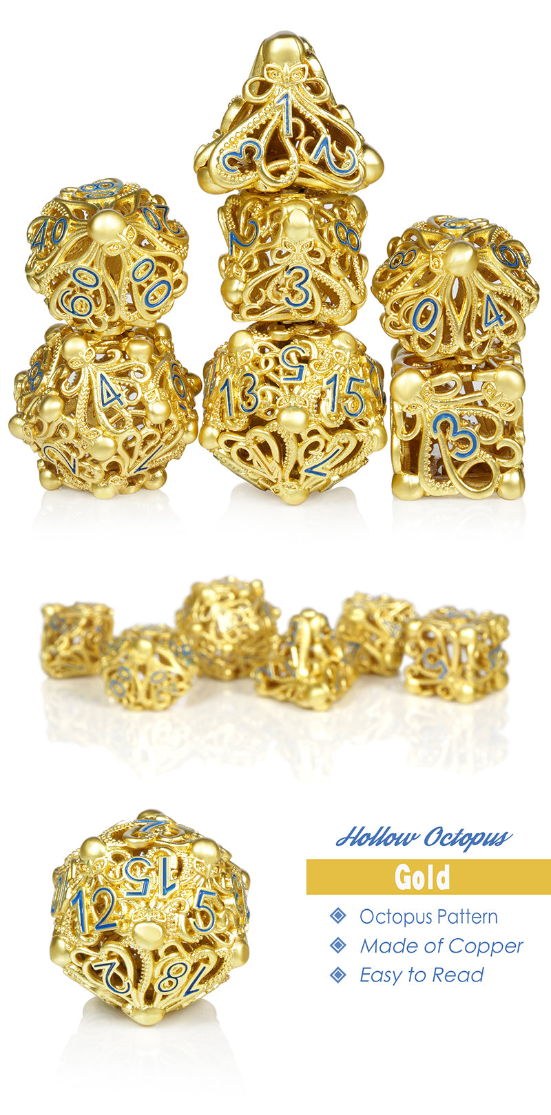 Hollow Dice Set (7pcs) (Kraken) [Gold & Blue]