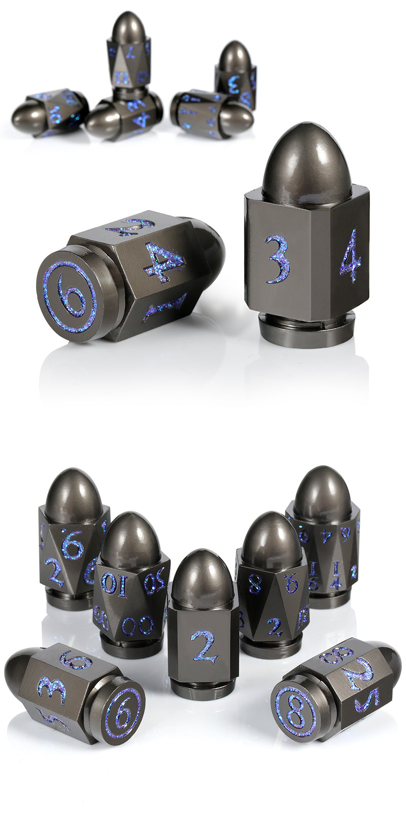Metal & Enamel Dice Set (7pcs) (Bullet) [Blue & Gunmetal]