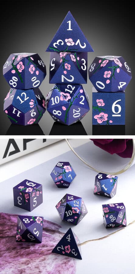 Sakura Blue – 7 Piece Metal and Enamel Dice Set