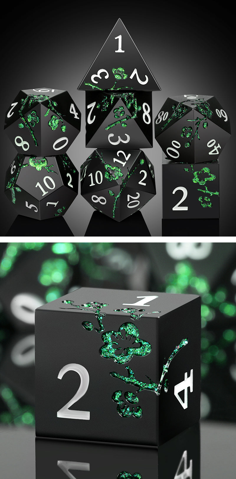 Metal & Enamel Dice Set (7pcs) (Sakura) [Black & Green]