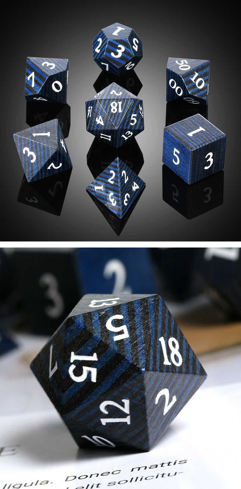 Wooden Dice Set (7pcs) [Black & Blue Striped Wood]