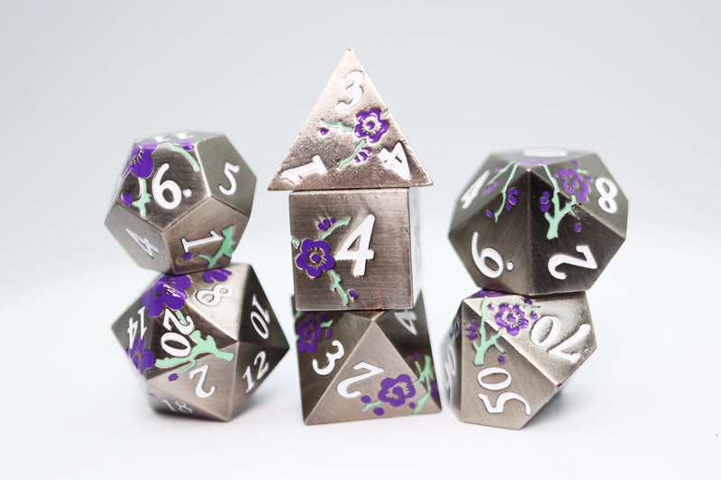 Silver with Purple Orchids Metal RPG Dice Set