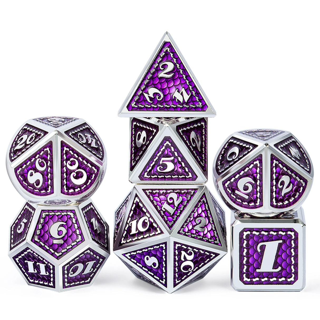 Dice Habit Amethyst Purple with Silver Metal Polyhedral 7 die set