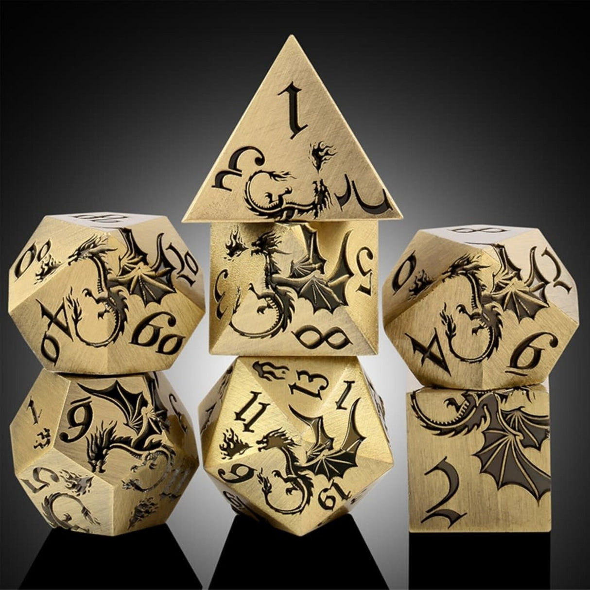 Dice Habit Dragon Bronze Metal and Enamel Polyhedral 7 die set