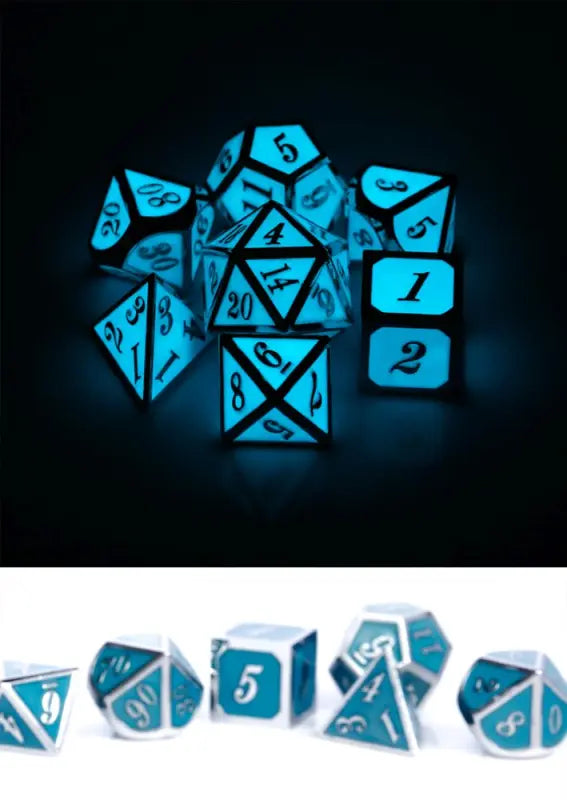 Metal & Enamel Dice Set: Blue Glow in the Dark (7)