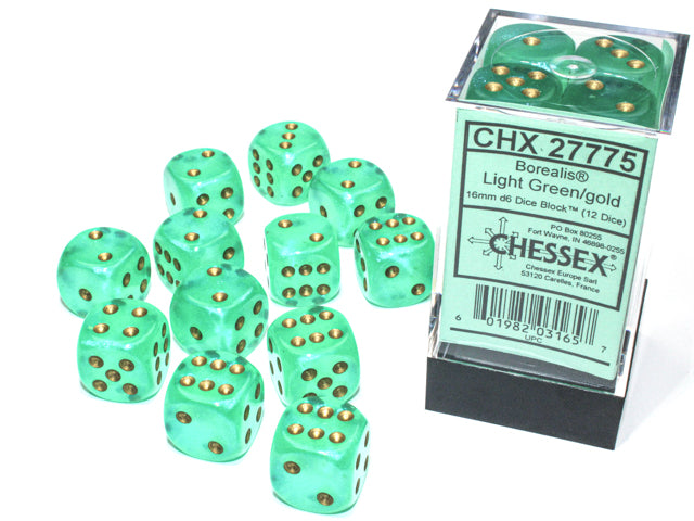 Borealis® 16mm d6 Light Green/gold Luminary™ Dice Block™ (12 dice)