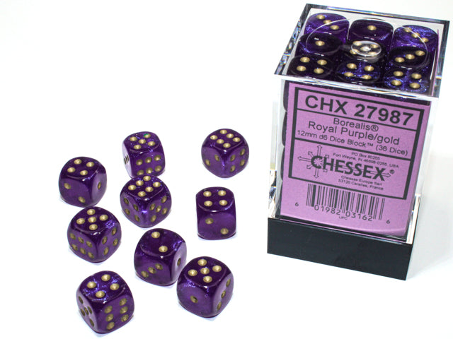 Borealis® 12mm d6 Royal Purple/gold Luminary™ Dice Block™ (36 dice)