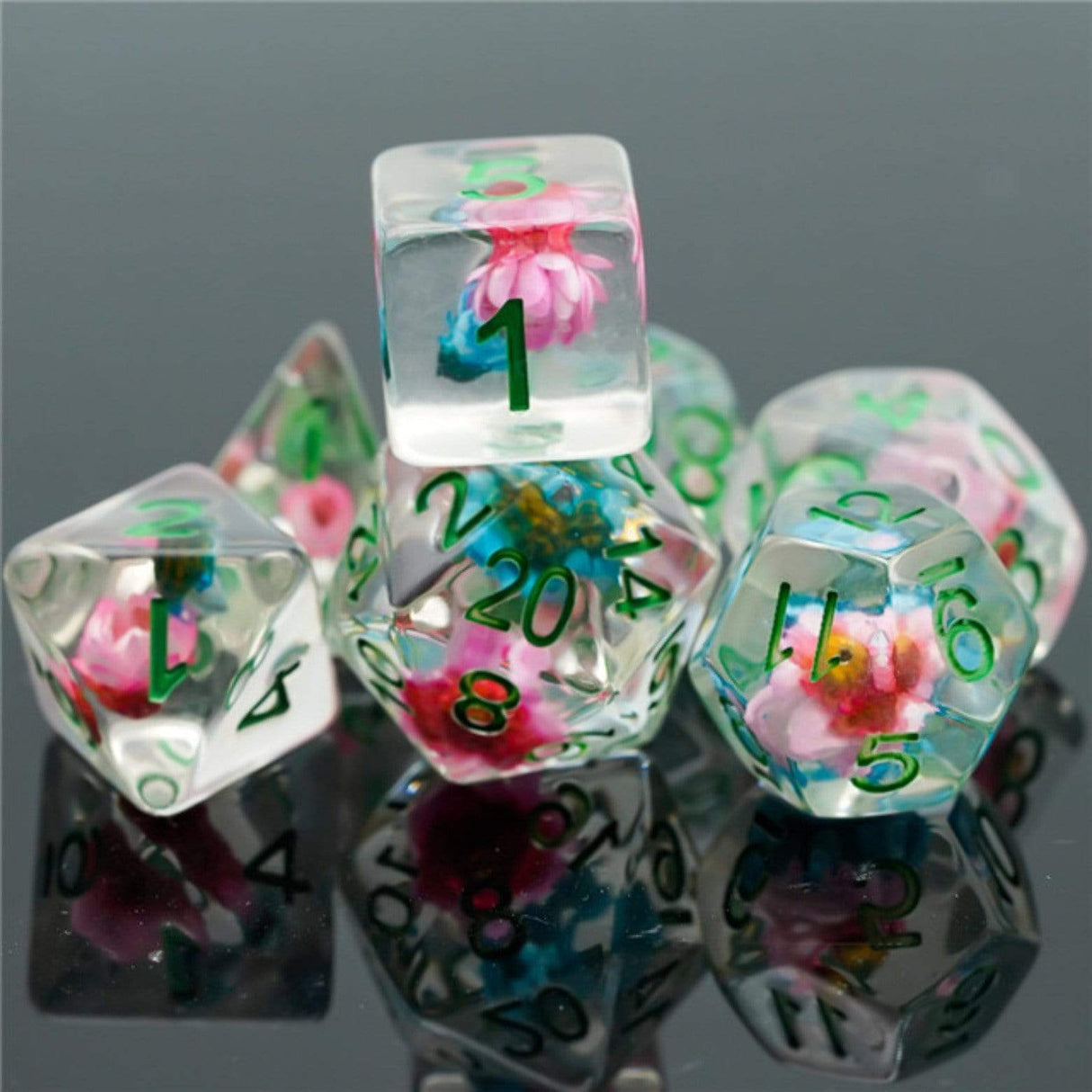 Blue & Pink Star Flower RPG Dice Set