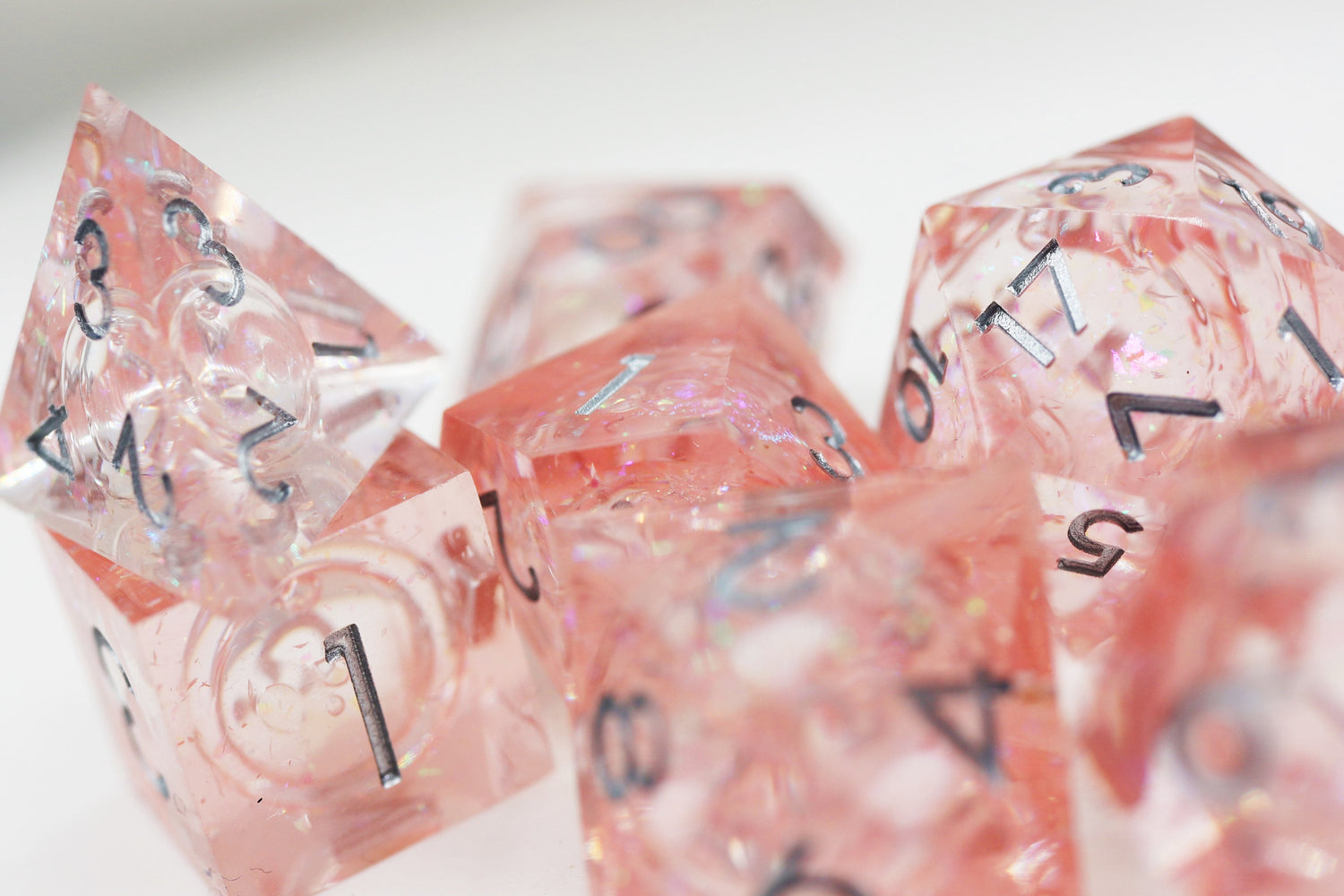 Pink Liquid Core Sharp Edge Resin RPG Dice Set