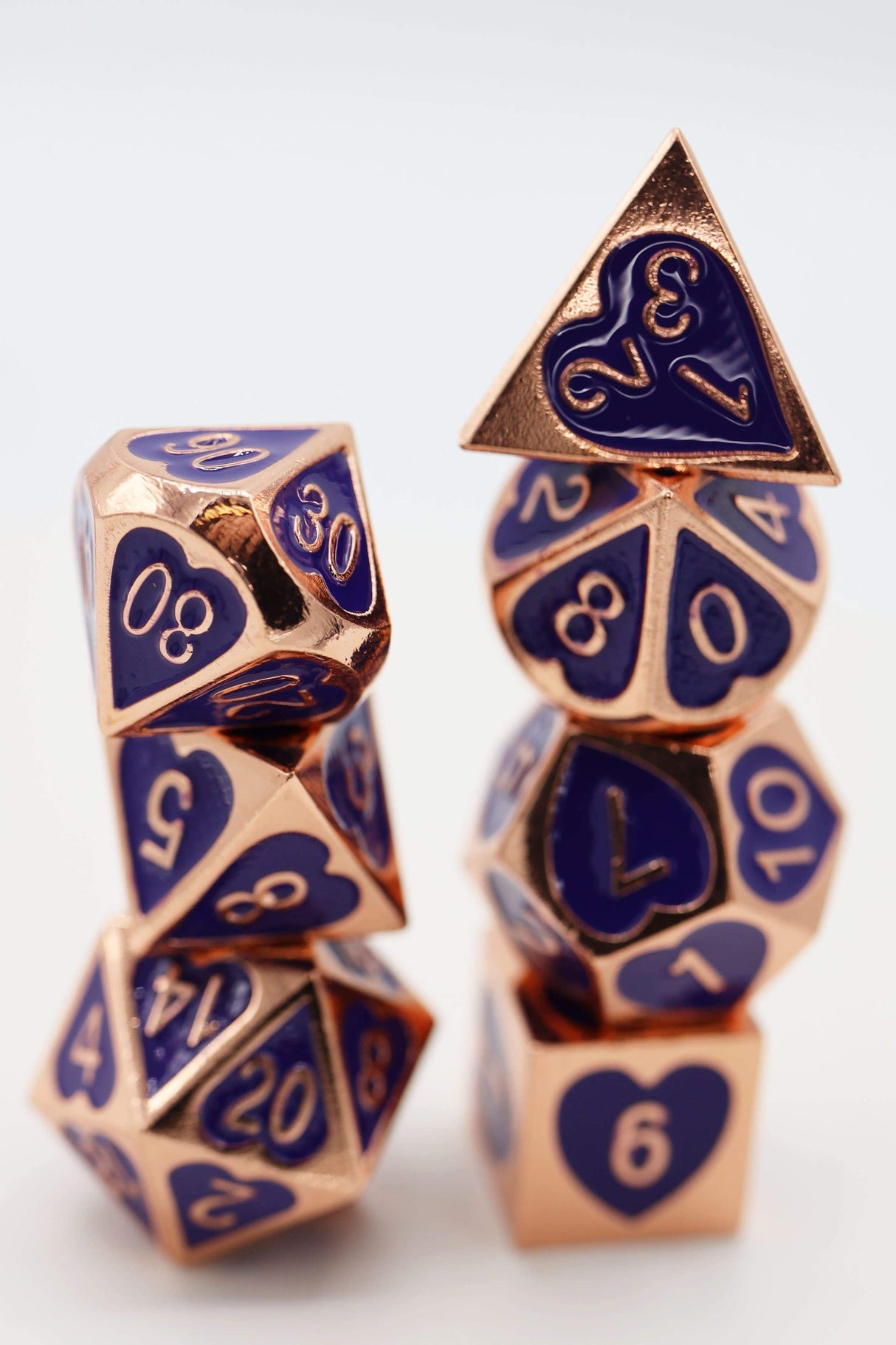 Copper Sapphire Hearts Metal RPG Dice Set